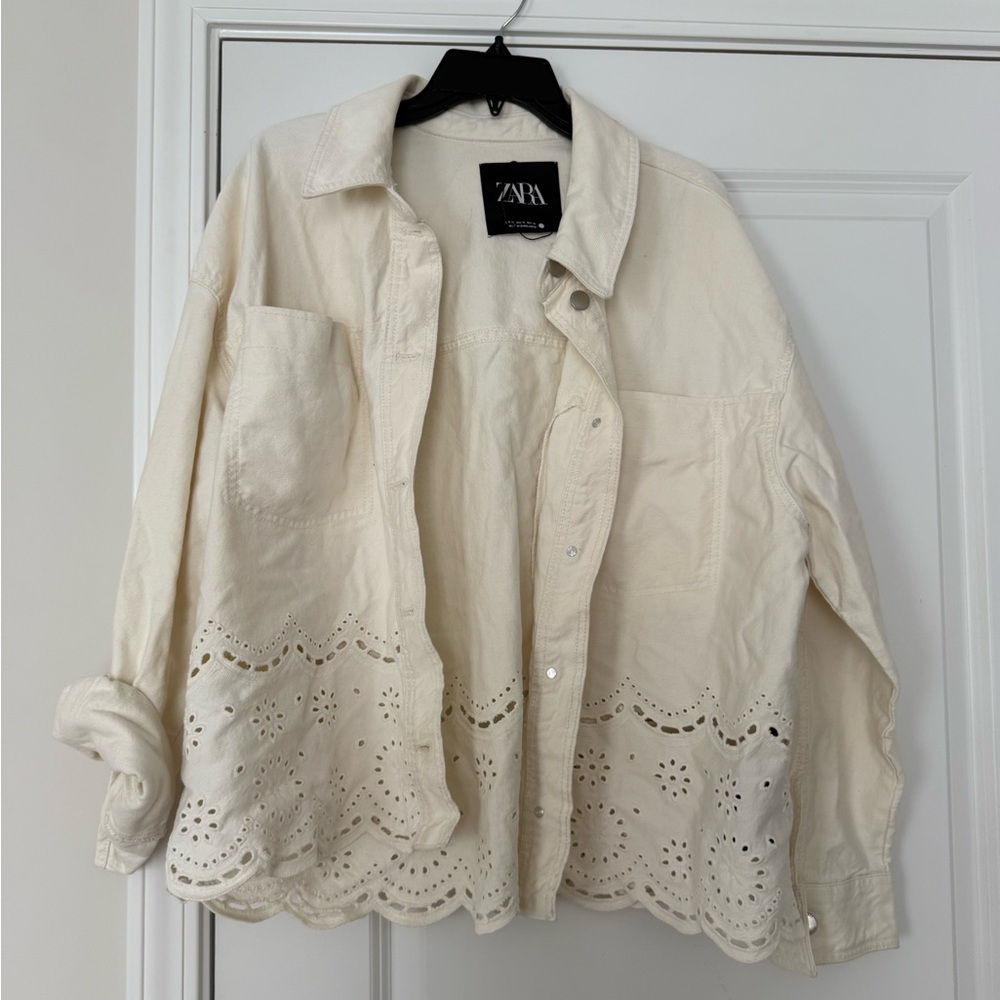 Zara Women's Cream Eyelet Jean Jacket